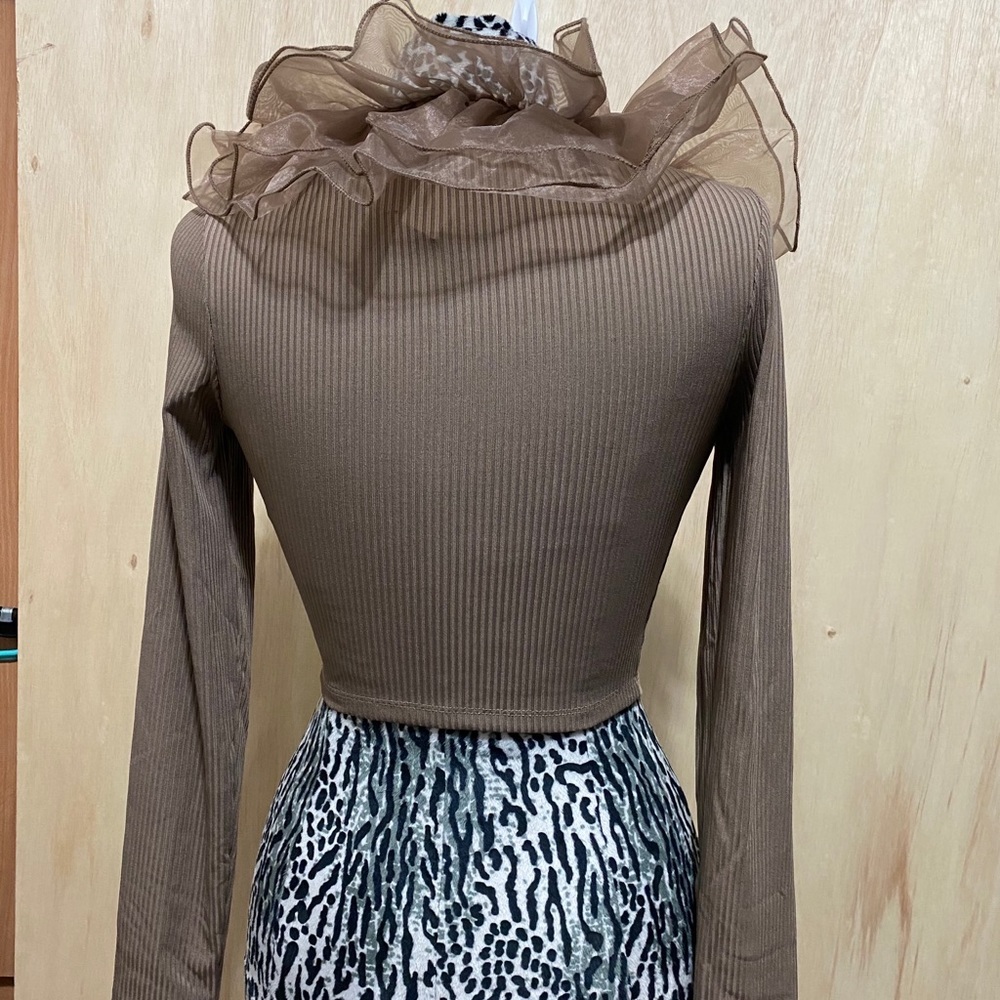 Zara Beige Ruffle-Trim Long Sleeve Crop Top - Picture 4 of 7